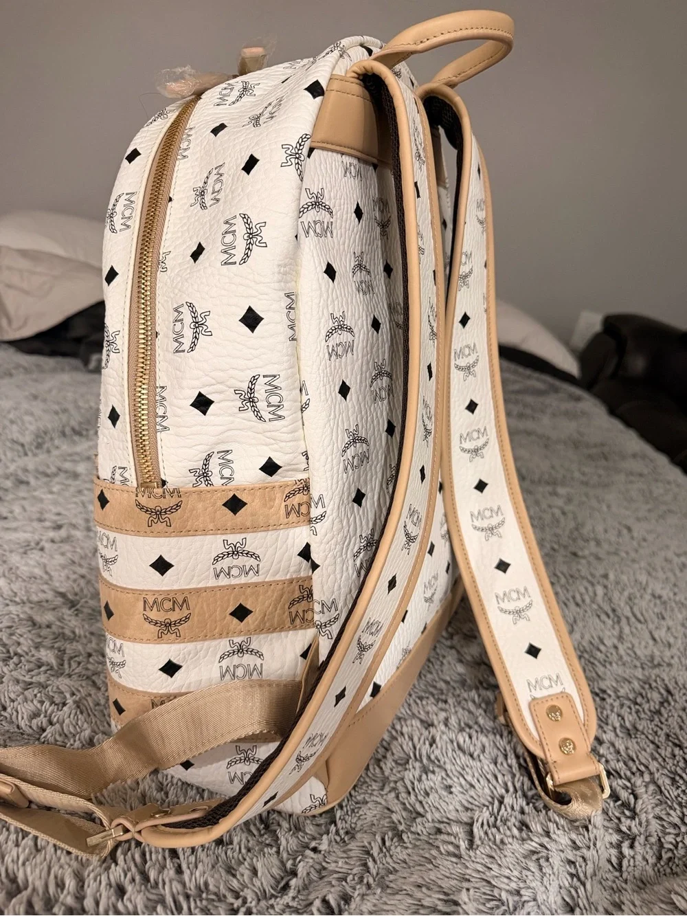 MCM White and Cognac Striped Visetos Rucksack